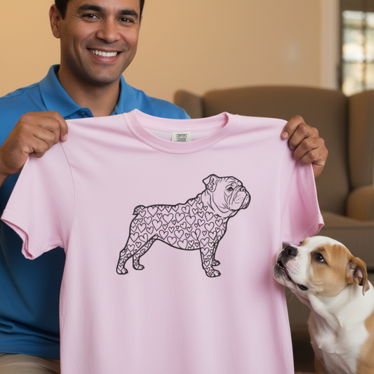 Bulldog T-Shirt | Love Hearts Dog Shirt | Funny Pet Mom Gift Valentine Art Garment-Dyed Tee