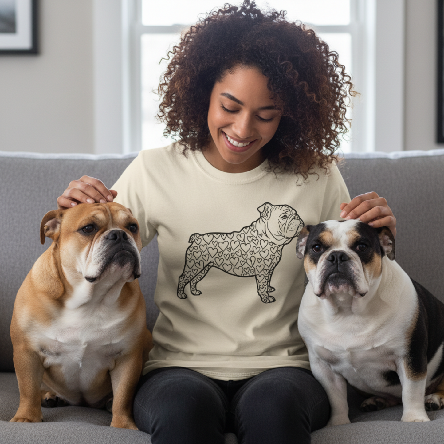 Bulldog T-Shirt | Love Hearts Dog Shirt | Funny Pet Mom Gift Valentine Art Garment-Dyed Tee