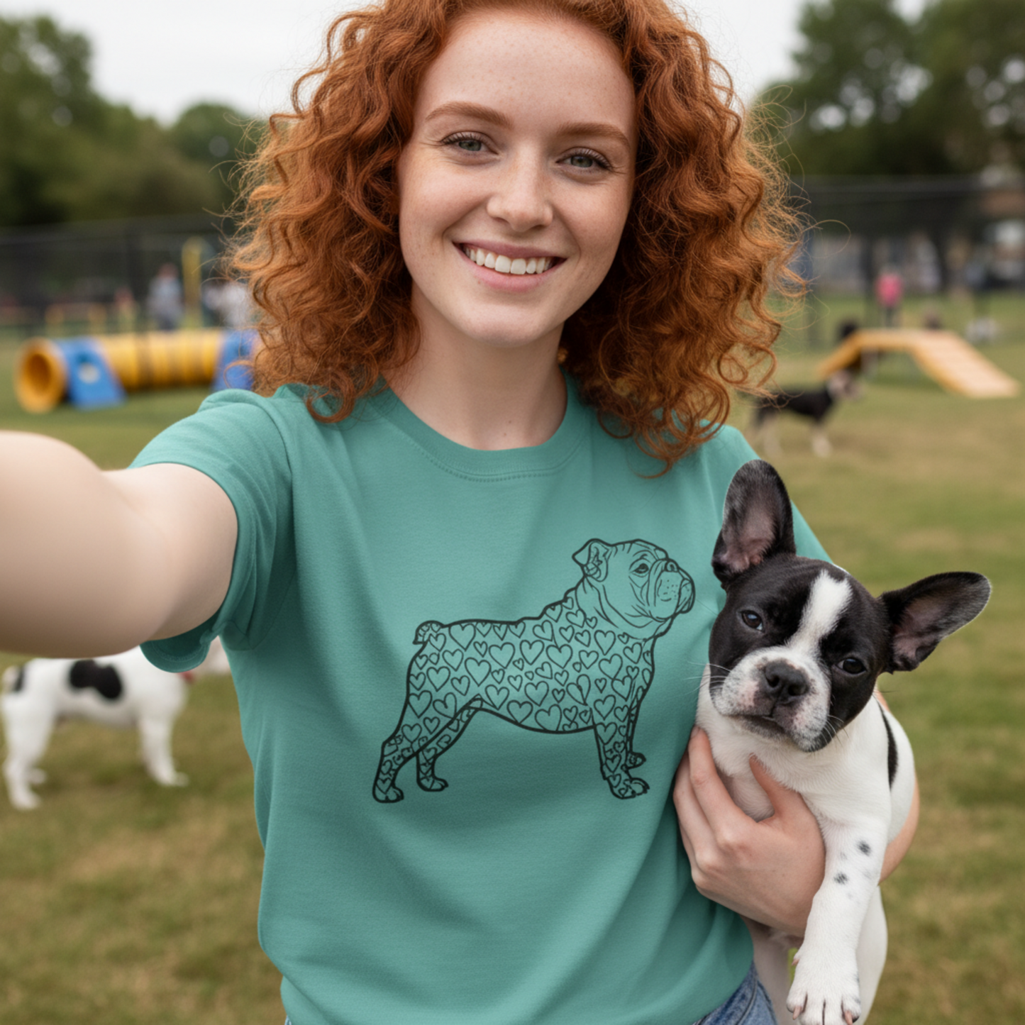 Bulldog T-Shirt | Love Hearts Dog Shirt | Funny Pet Mom Gift Valentine Art Garment-Dyed Tee