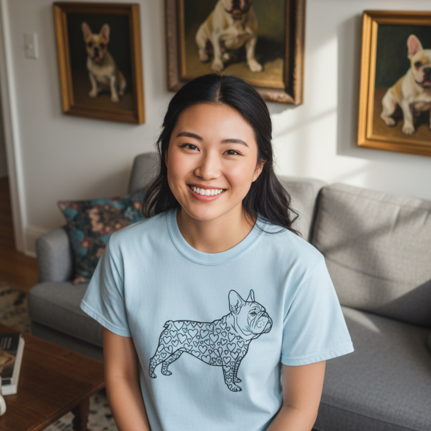 French Bulldog Tee | Love Hearts Dog Shirt | Funny Pet Mom Gift Valentine Art Garment-Dyed T-Shirt