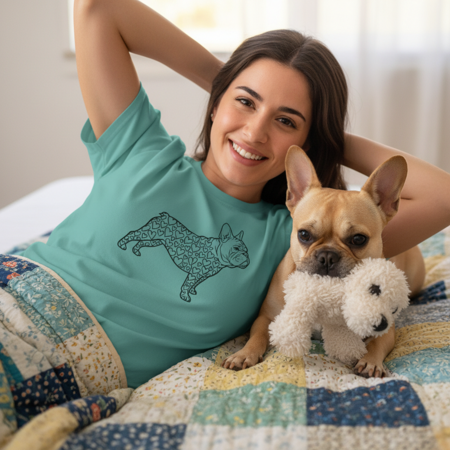French Bulldog Tee | Love Hearts Dog Shirt | Funny Pet Mom Gift Valentine Art Garment-Dyed T-Shirt