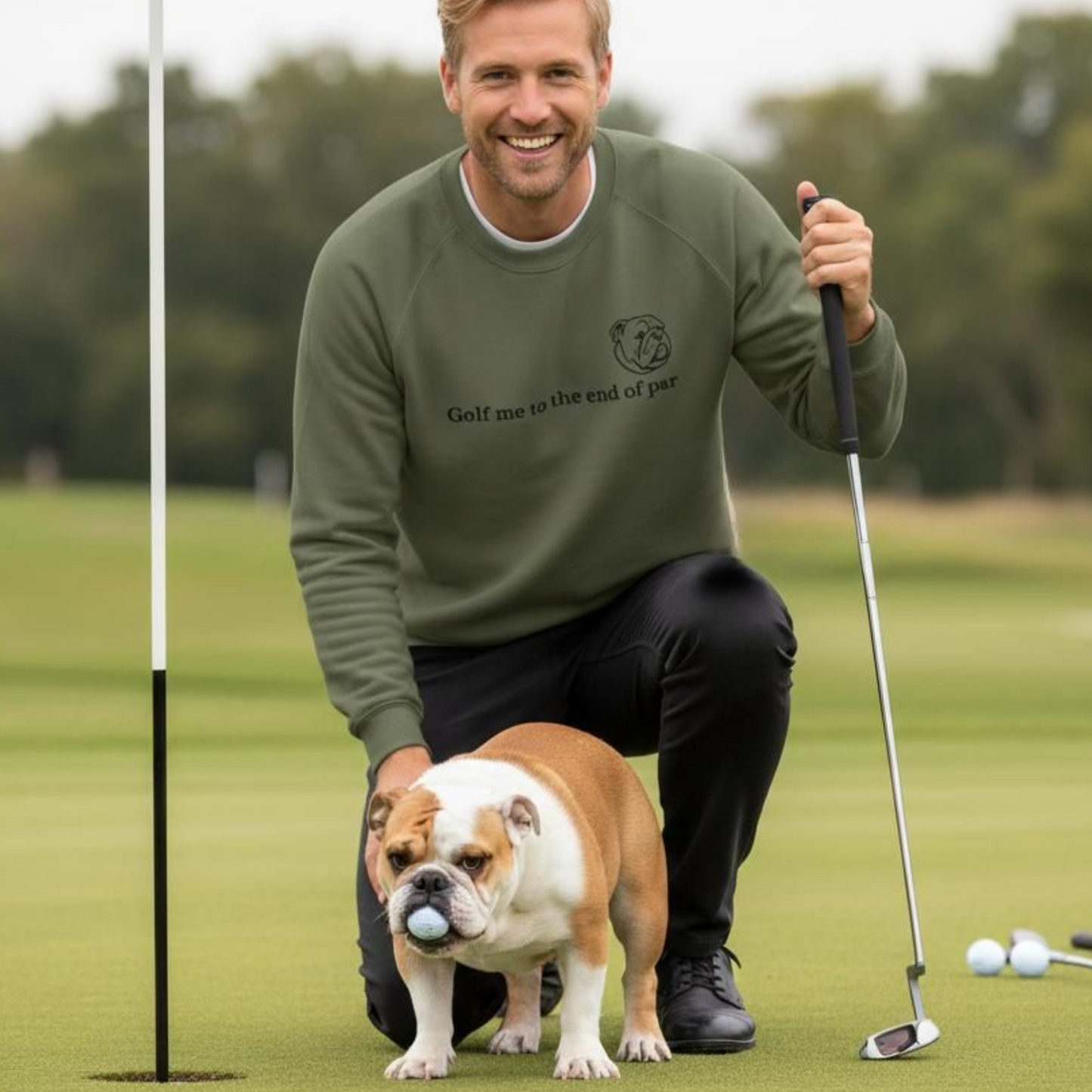Golf Bulldog Embroidered Sweatshirt Gildan 18000 Funny Golf Dog Gift Minimal Crewneck Sweatshirt