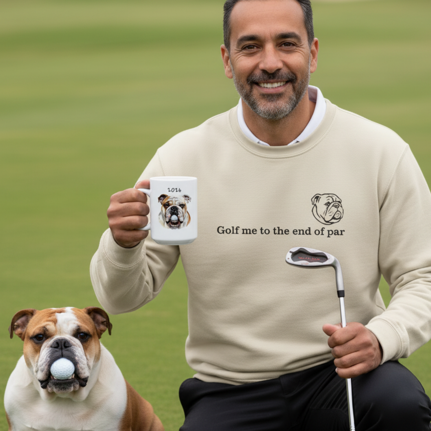 Golf Bulldog Embroidered Sweatshirt Gildan 18000 Funny Golf Dog Gift Minimal Crewneck Sweatshirt