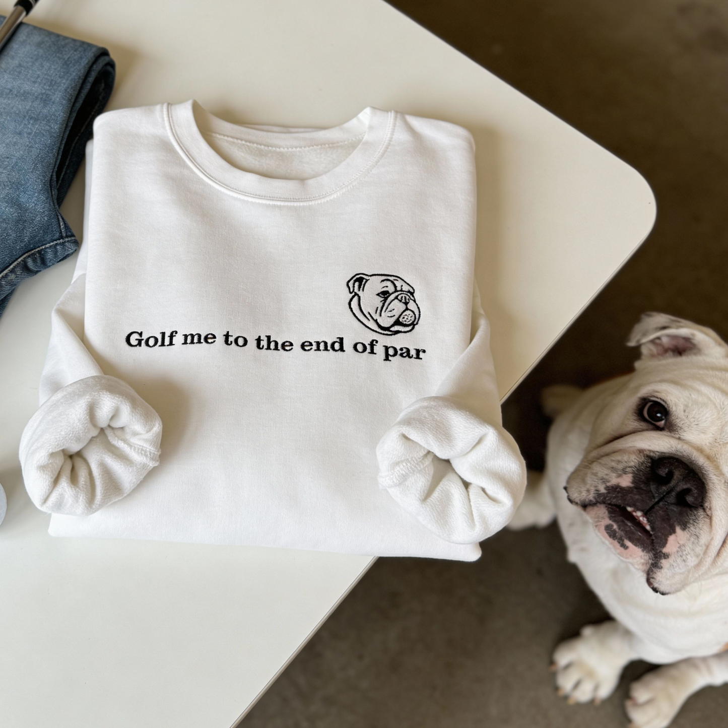 Golf Bulldog Embroidered Sweatshirt Gildan 18000 Funny Golf Dog Gift Minimal Crewneck Sweatshirt