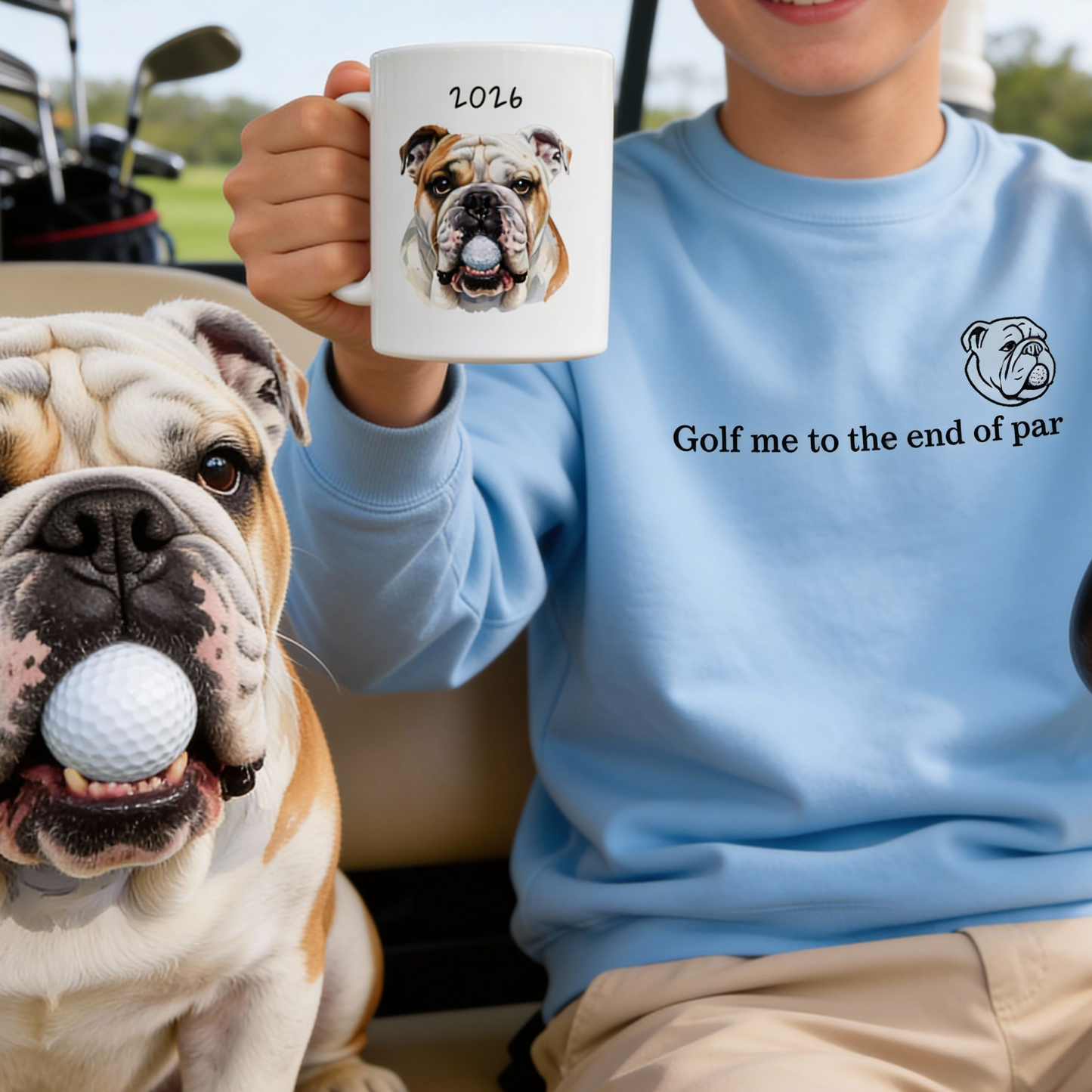 Golf Bulldog Embroidered Sweatshirt Gildan 18000 Funny Golf Dog Gift Minimal Crewneck Sweatshirt