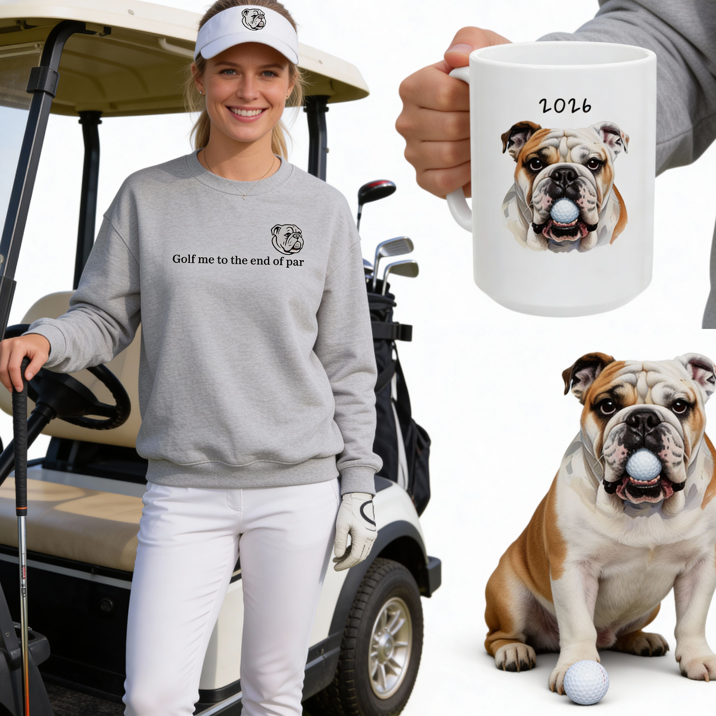 Golf Bulldog Embroidered Sweatshirt Gildan 18000 Funny Golf Dog Gift Minimal Crewneck Sweatshirt