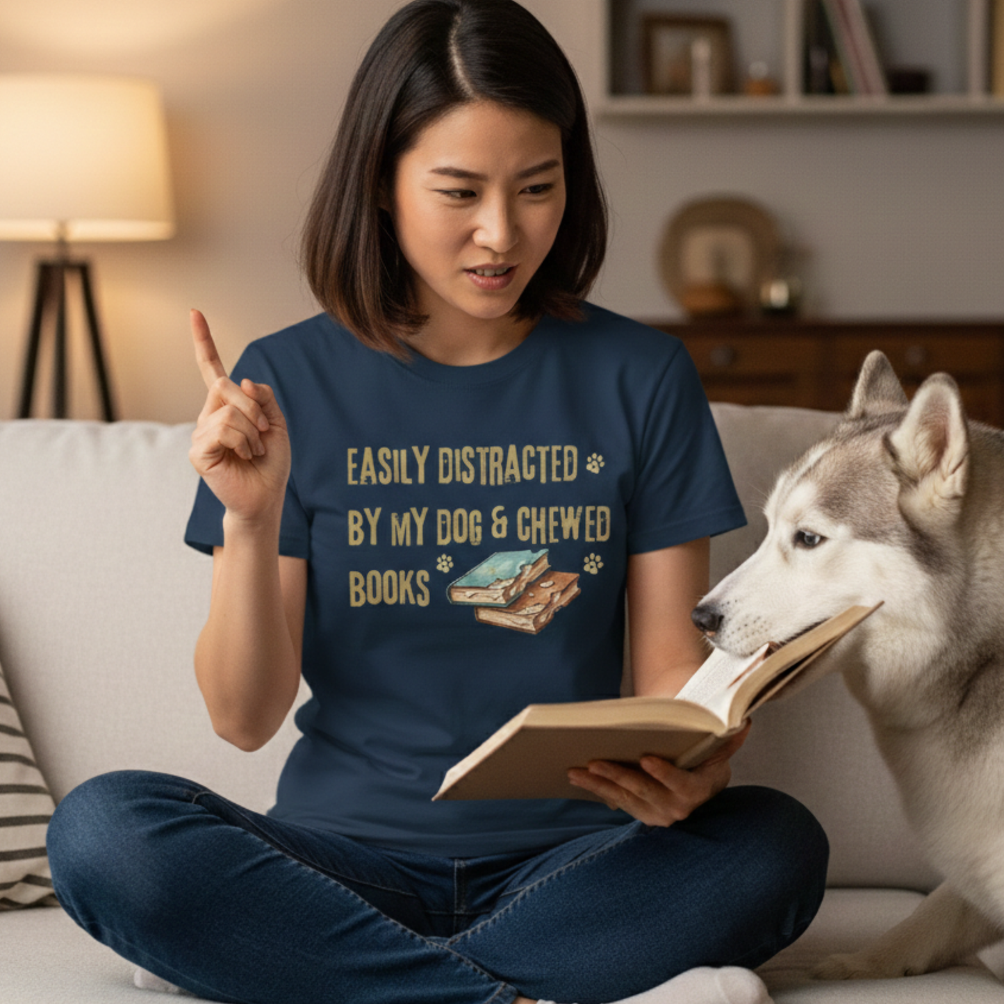 Easily Distracted By My Dog And Chewed Books T-shirt | Dog Lover Reader Garment-Dyed Shirt