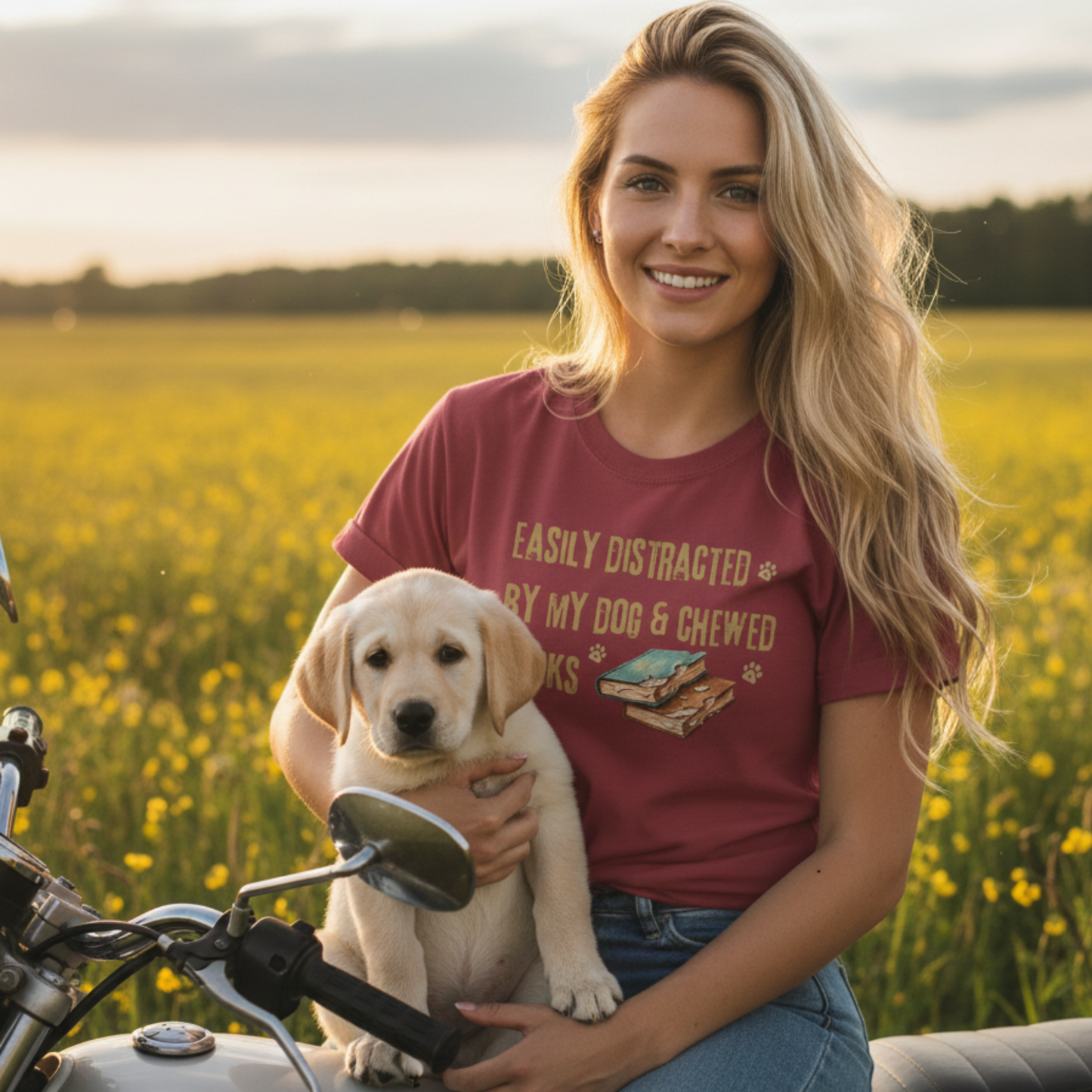 Easily Distracted By My Dog And Chewed Books T-shirt | Dog Lover Reader Garment-Dyed Shirt