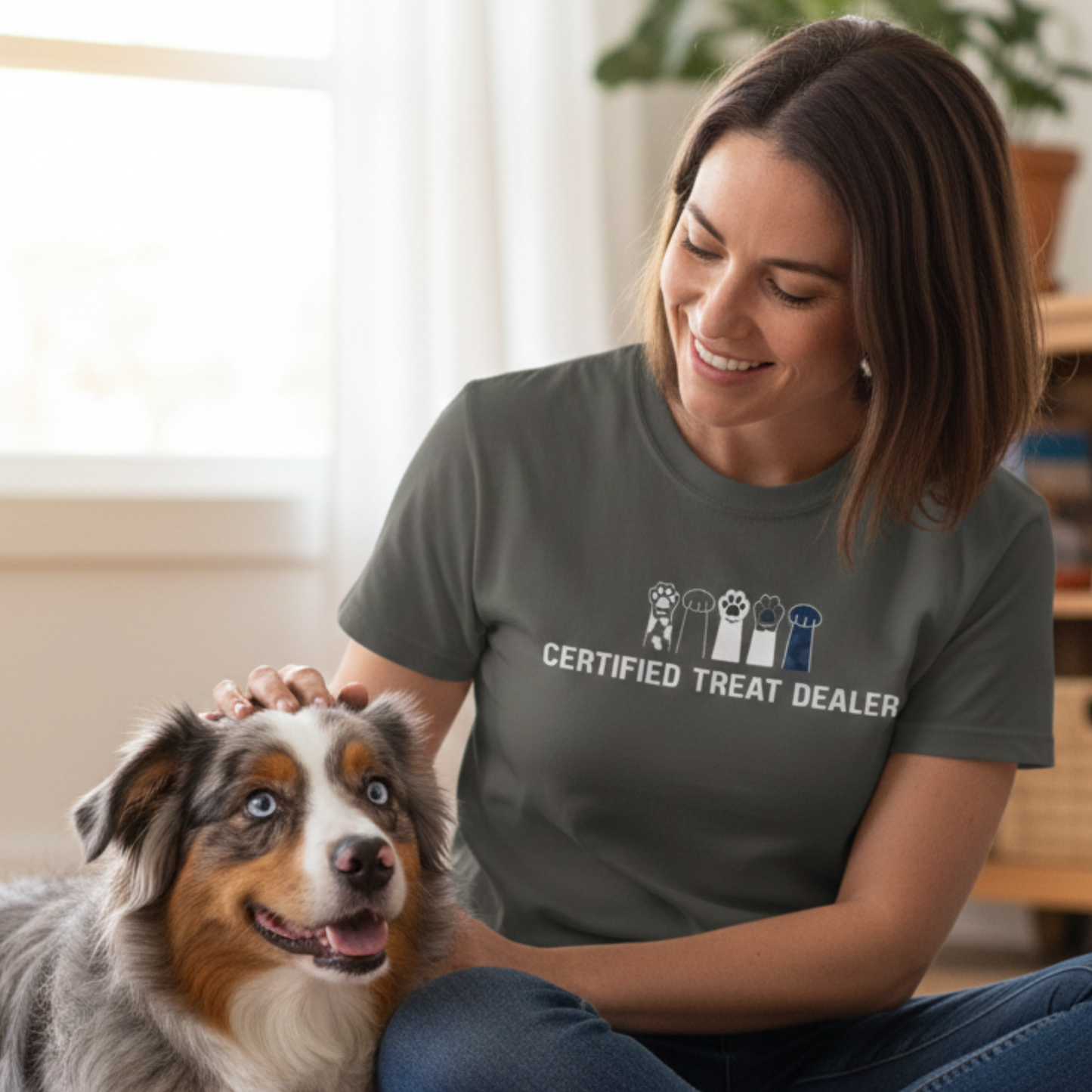 Certified Treat Dealer, Dog T-Shirt | Funny Paw Graphic Unisex Garment Dyed Tee
