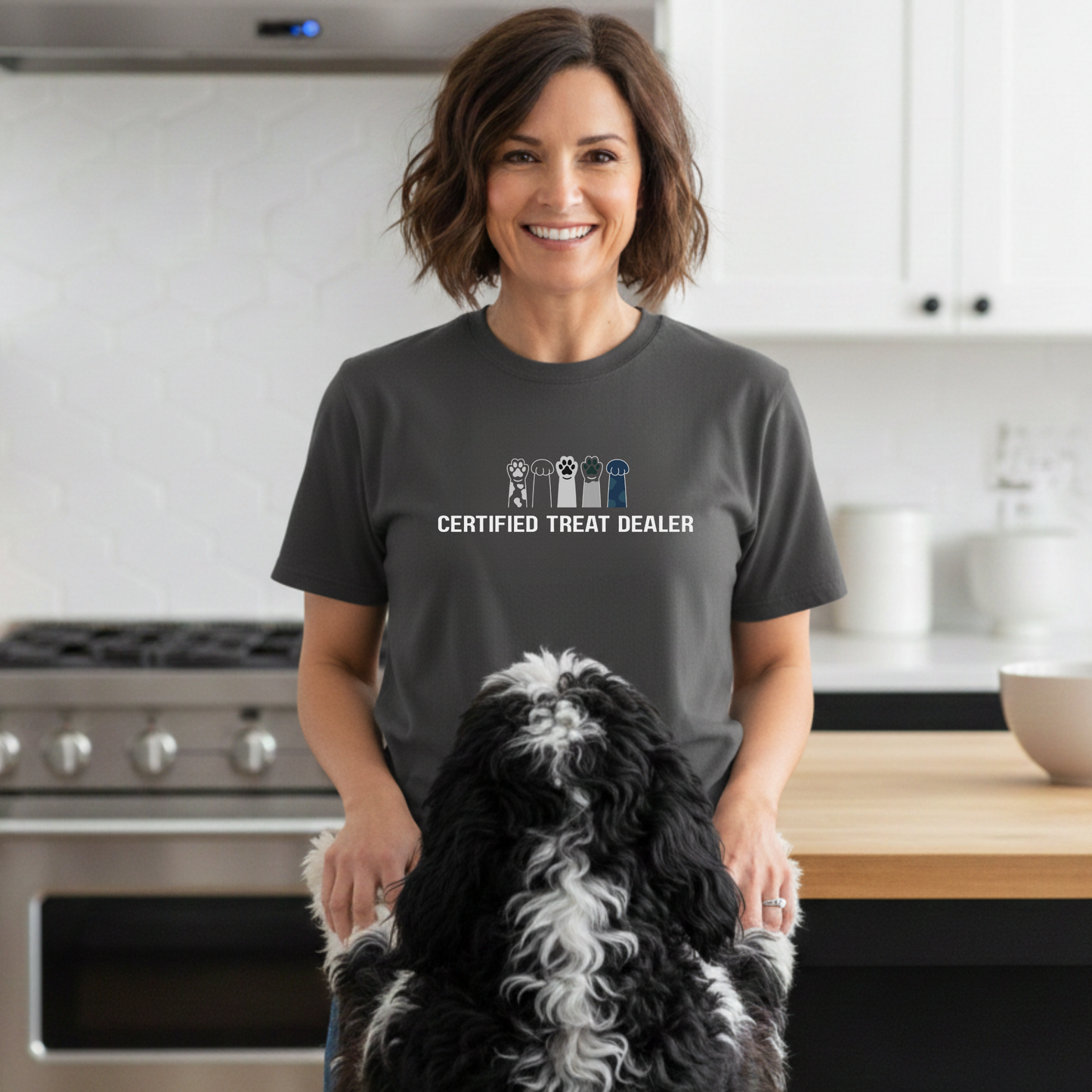 Certified Treat Dealer, Dog T-Shirt | Funny Paw Graphic Unisex Garment Dyed Tee