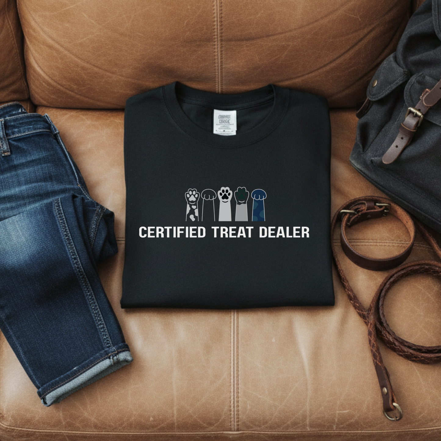Certified Treat Dealer, Dog T-Shirt | Funny Paw Graphic Unisex Garment Dyed Tee