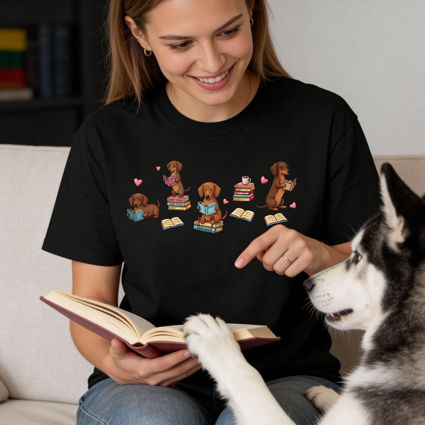 Dachshund Book Lover T-shirt | Reading Wiener Dog, Bookish Doxie Dyed Comfort Colors™ Tee