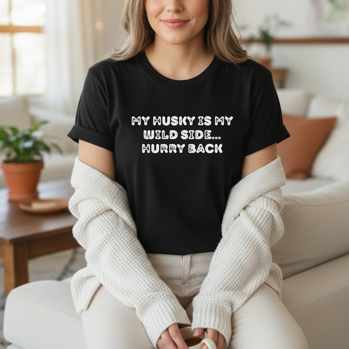 My Husky Is My Wild Side T-shirt | Funny Dog Mom Sarcastic Pet Lover  Cotton Tee