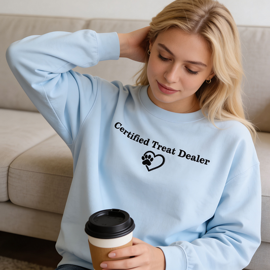 Certified Treat Dealer Dog Mom Sweatshirt | Funny Dog Lover Gildan 18000 Poly-Cotton Crewneck