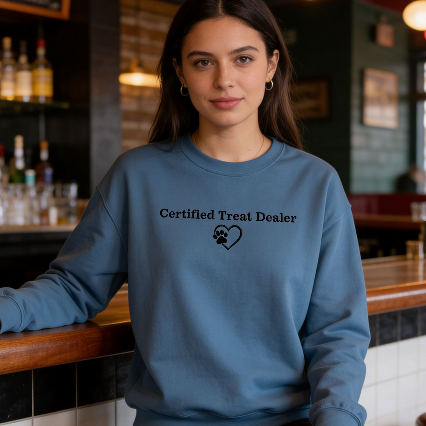 Certified Treat Dealer Dog Mom Sweatshirt | Funny Dog Lover Gildan 18000 Poly-Cotton Crewneck