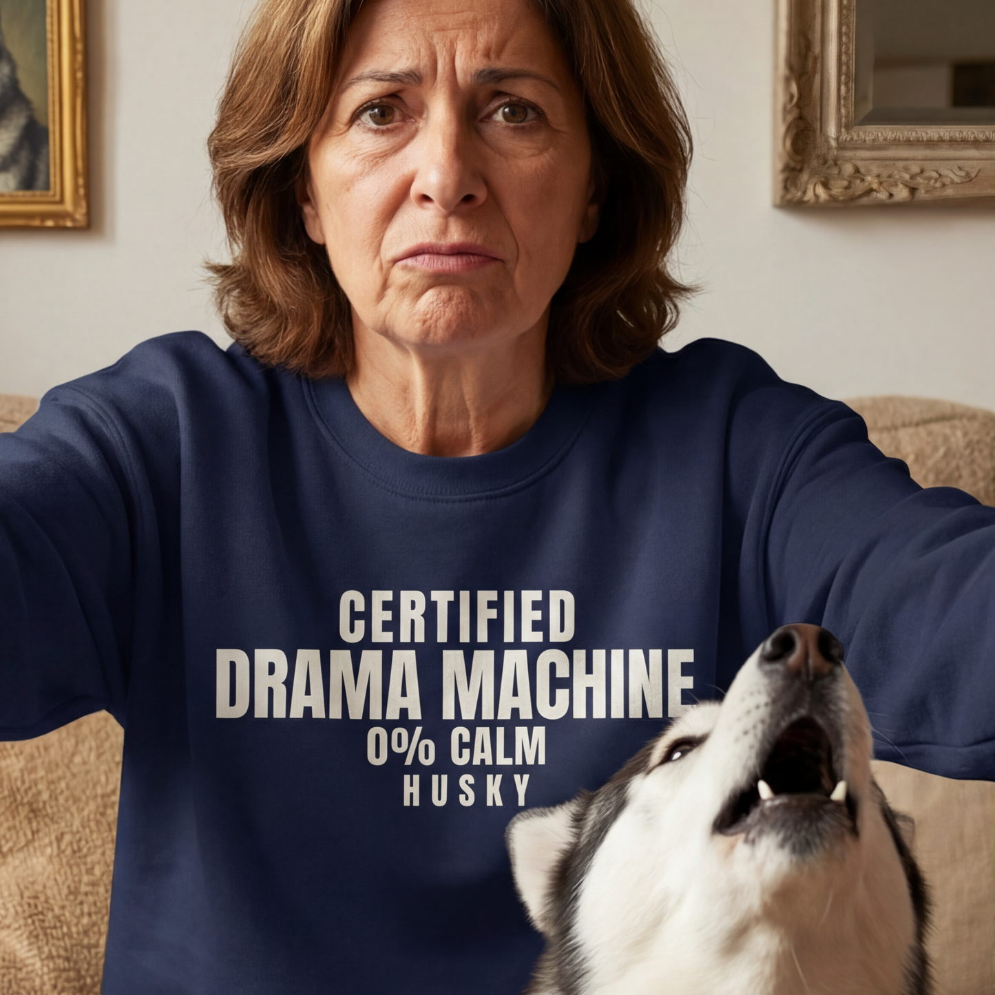 Certified Drama Machine Husky Sweatshirt | Funny Sarcastic Dog Quote Crewneck Gift