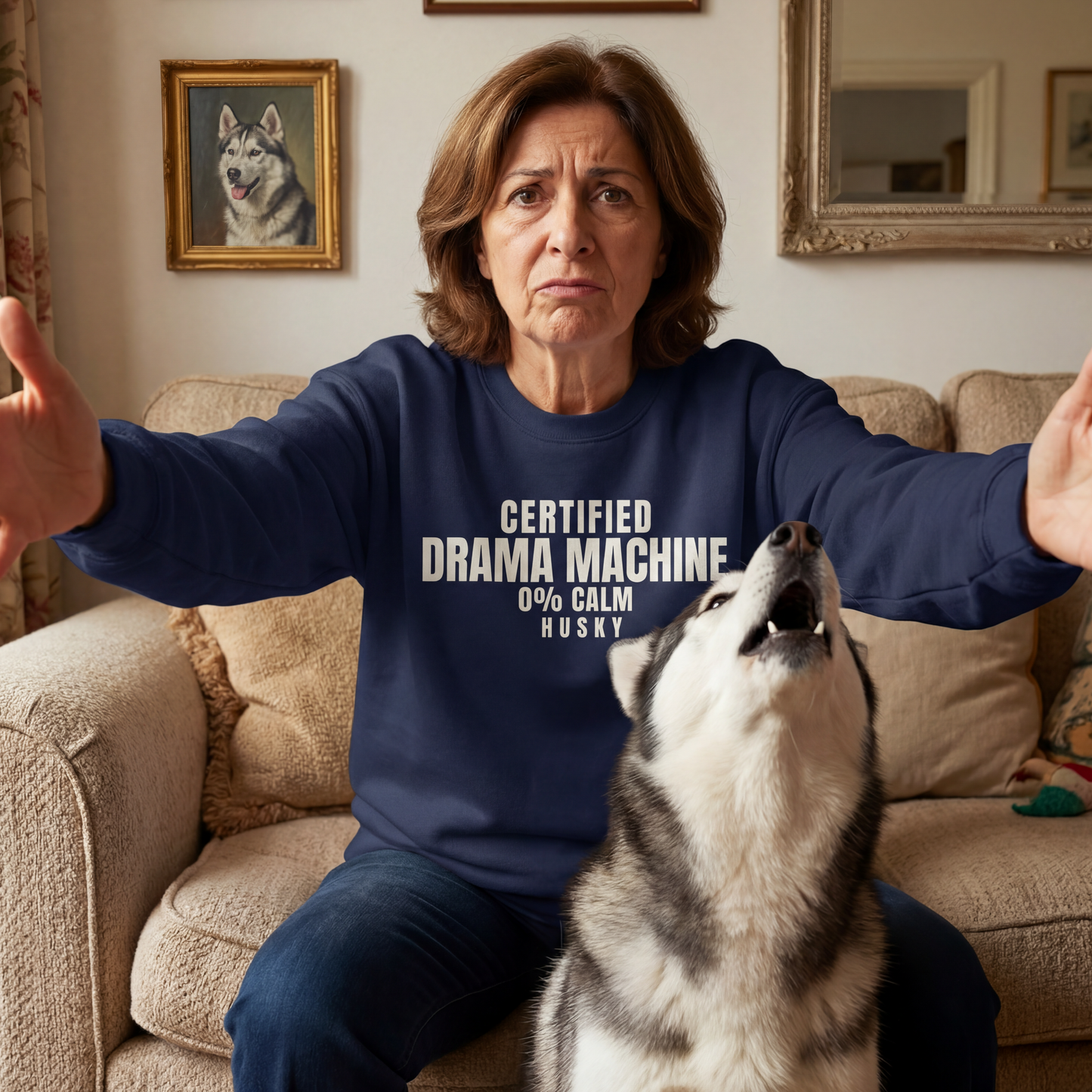 Certified Drama Machine Husky Sweatshirt | Funny Sarcastic Dog Quote Crewneck Gift