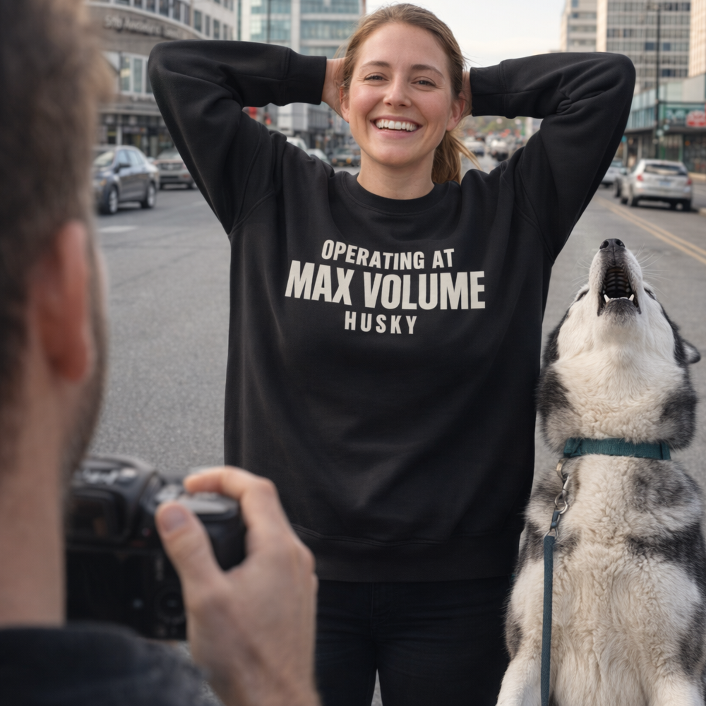Operating At Max Volume Husky Sweatshirt | Funny Sarcastic Dog Quote Crewneck Gift