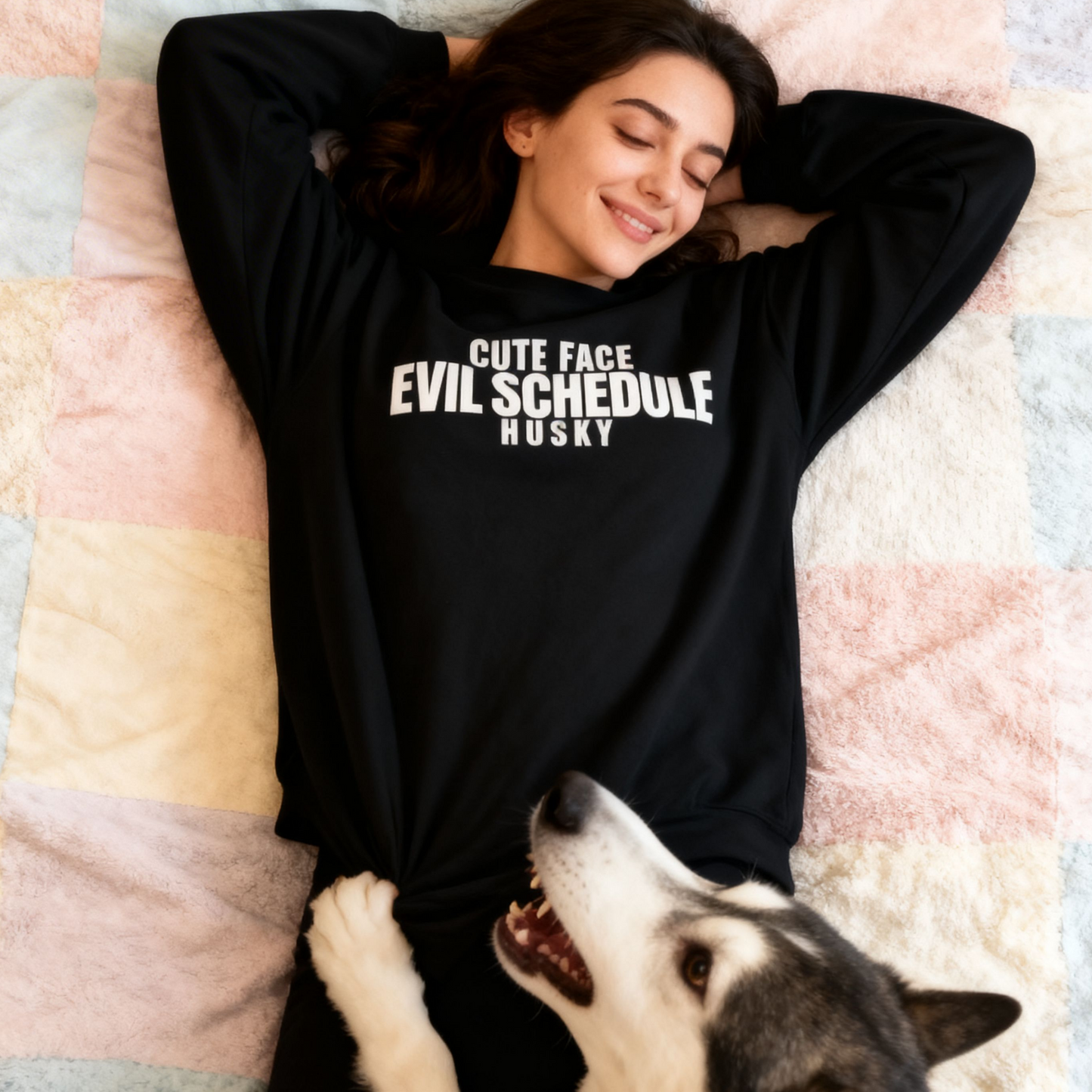 Cute Face Evil Schedule Husky Sweatshirt | Funny Sarcastic Dog Quote Crewneck Gift