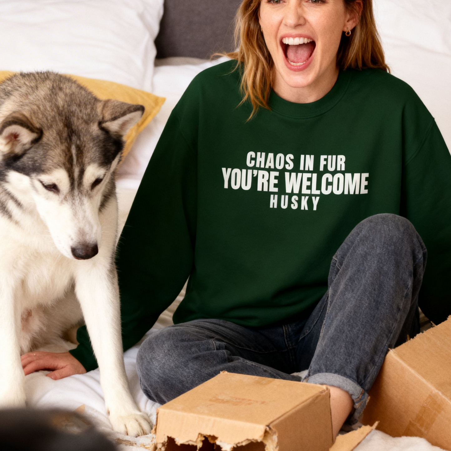 Chaos In Fur You Are Welcome Husky Sweatshirt | Funny Sarcastic Dog Quote Crewneck Gift