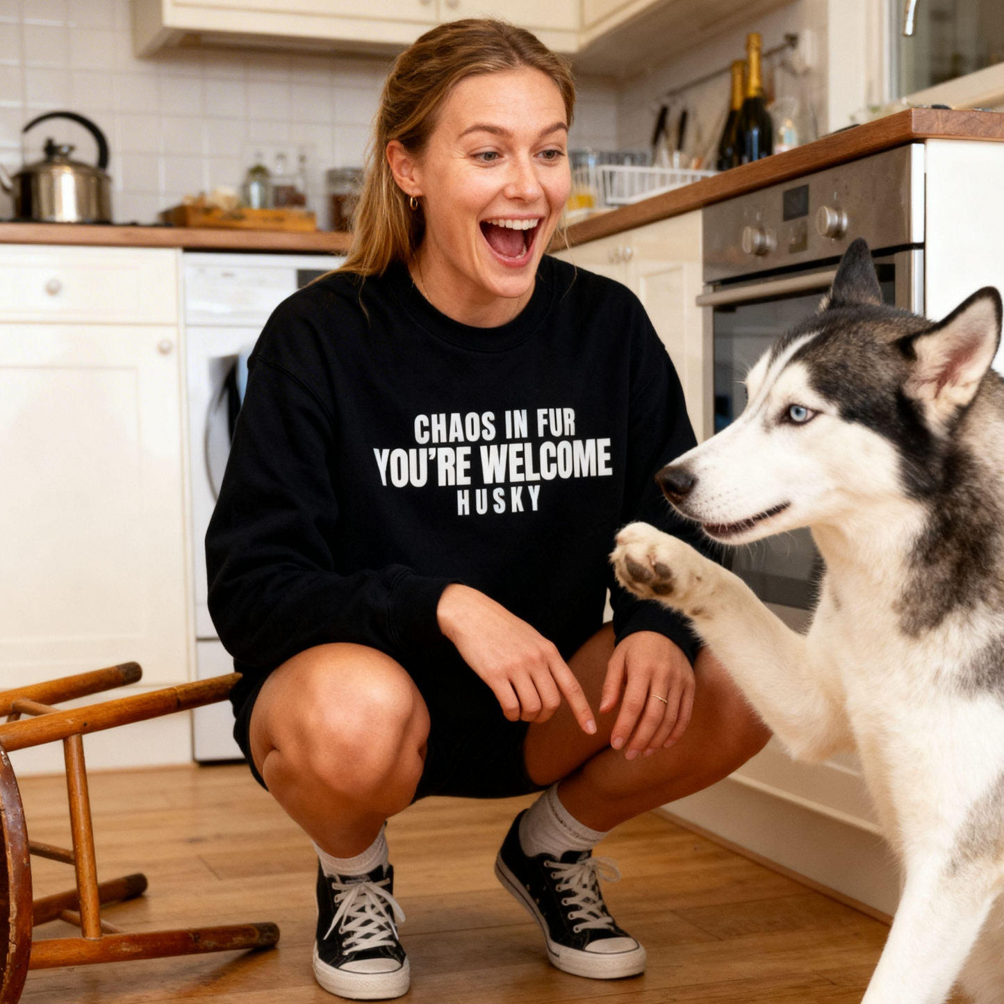 Chaos In Fur You Are Welcome Husky Sweatshirt | Funny Sarcastic Dog Quote Crewneck Gift