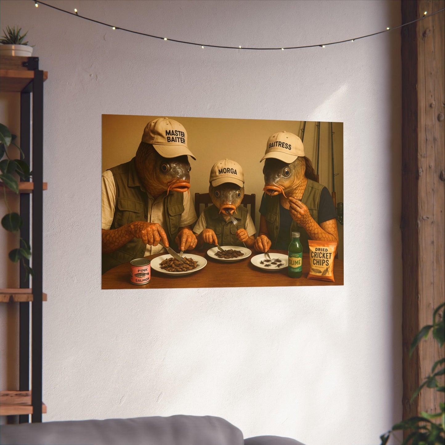 Fish- Posters for Home Decor,  Wall Art-Fishing Gifts,  Fish Head Family Dinner Poster - Weird Humor Art Print - Surreal Fishing Humor