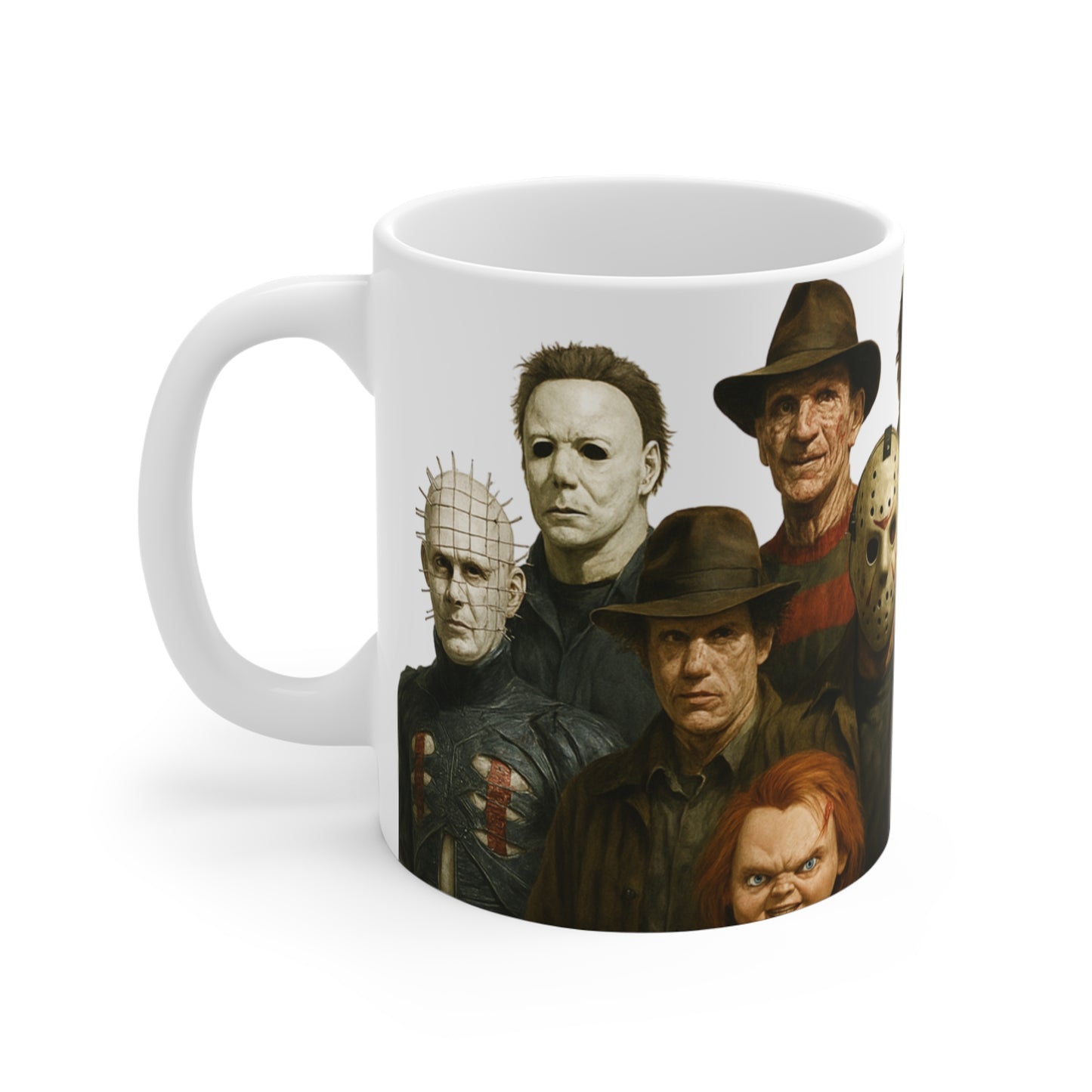 Horror Icons Mug, Freddy Jason Chucky Pennywise Michael Myers Ghostface 11oz White Ceramic Halloween Cup