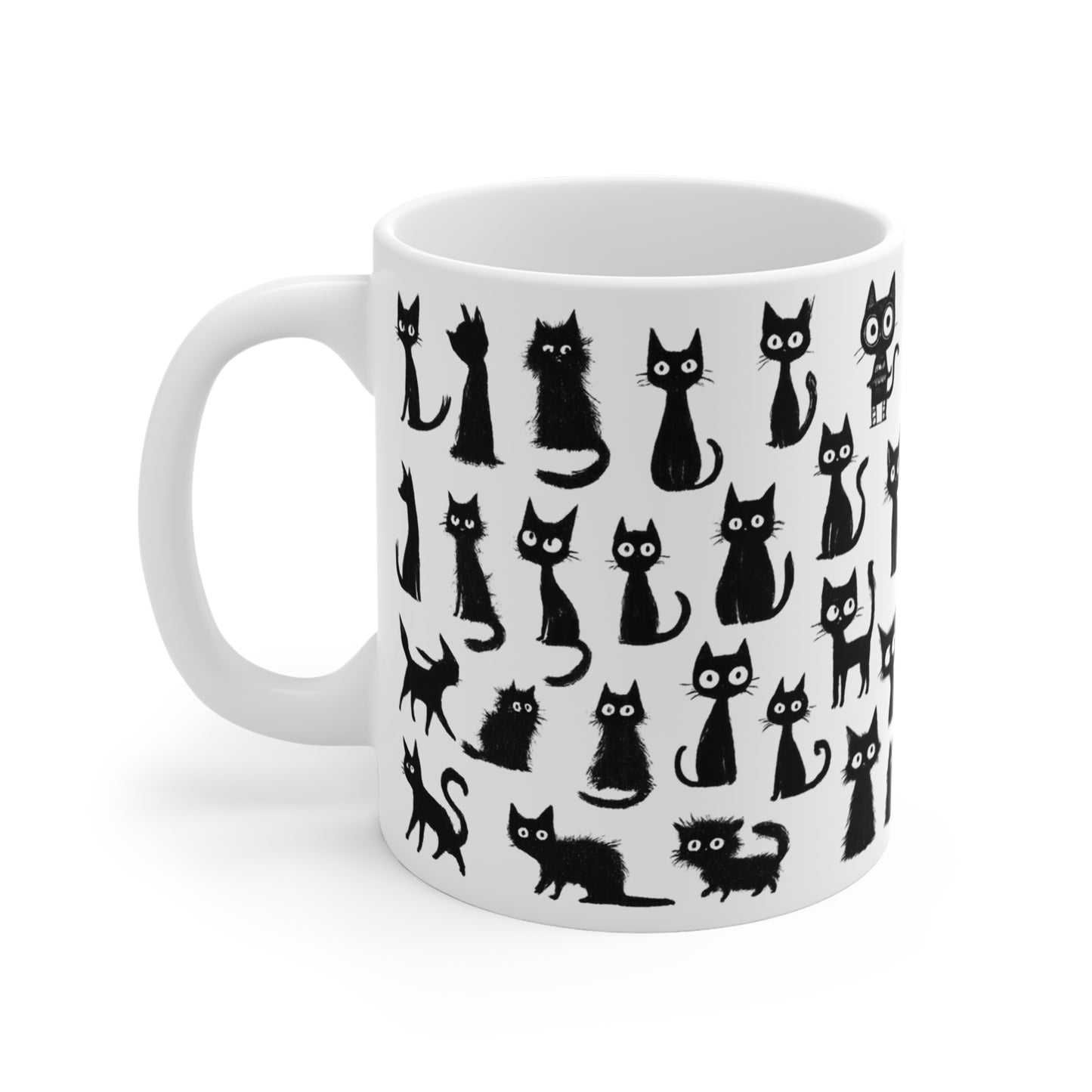 Black Cat Doodle Mug - Funny Hand Drawn Cats Cup - Cute Goth Coffee Mug for Cat Lovers