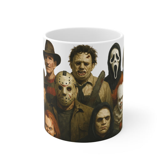 Horror Icons Mug, Freddy Jason Chucky Pennywise Michael Myers Ghostface 11oz White Ceramic Halloween Cup