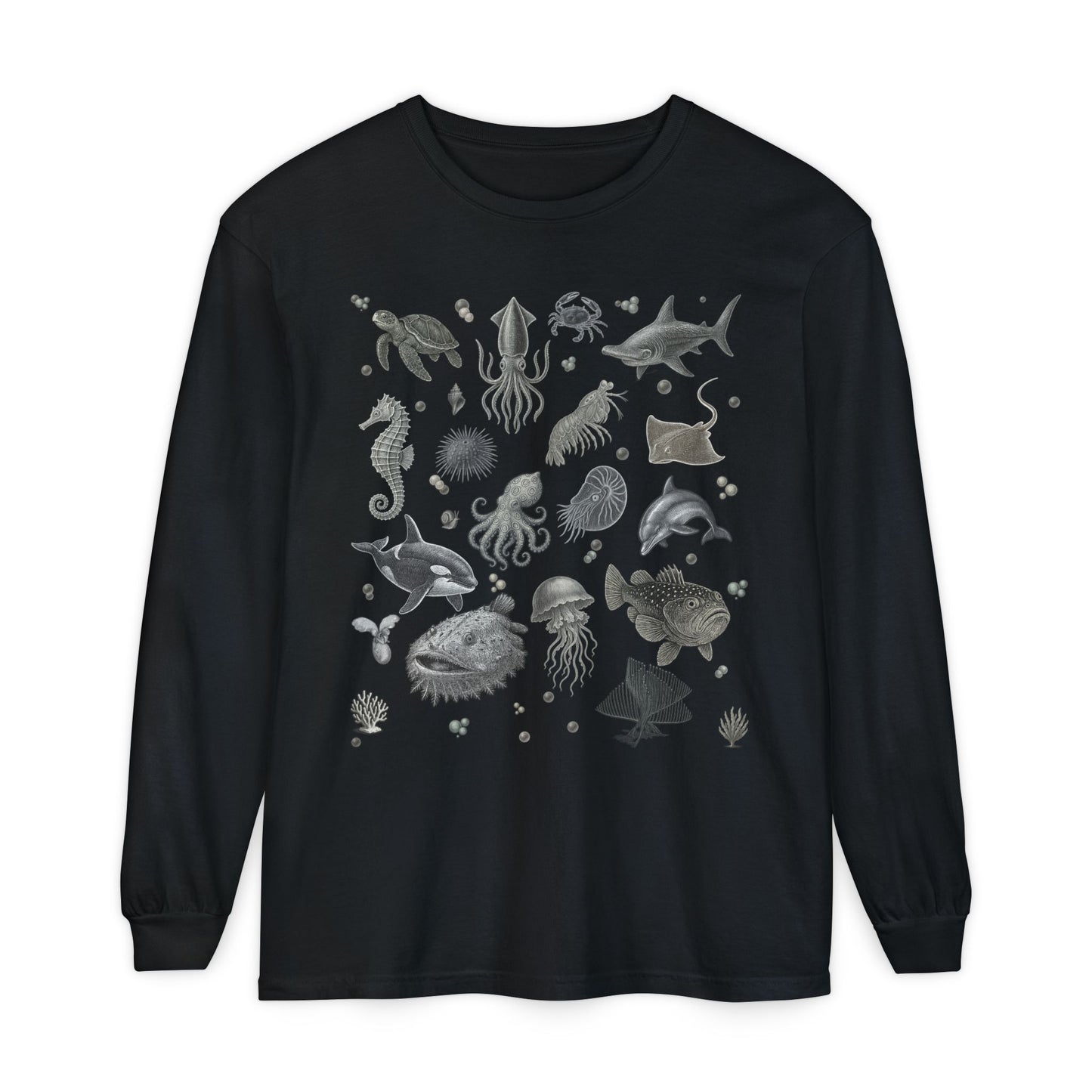 Ocean Life Graphic Long Sleeve T-Shirt, Marine Animal Tee, Sea Creature Shirt, Nautical Casual Wear, Beach Vacation Top