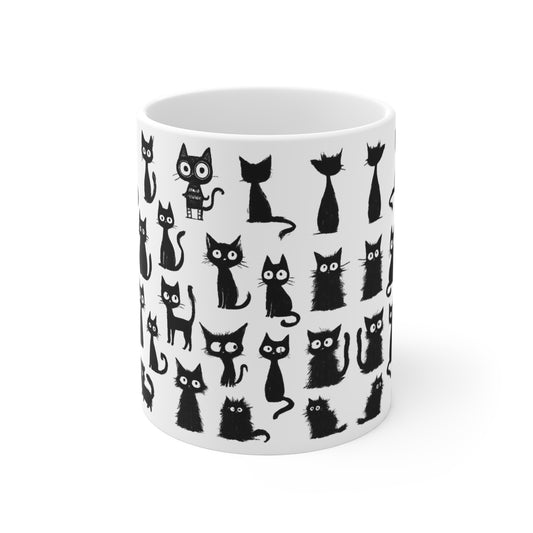 Black Cat Doodle Mug - Funny Hand Drawn Cats Cup - Cute Goth Coffee Mug for Cat Lovers