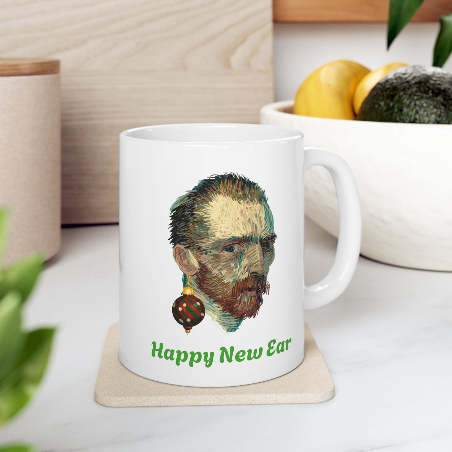 Happy New Ear Van Gogh Mug Funny Art Holiday Coffee Gift (11oz, 15oz)