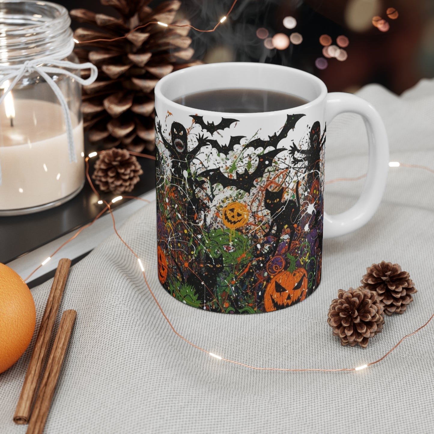 Halloween Mug, Spooky Coffee Cup, Horror Art Gift, 11oz Ceramic Mug with Pumpkins, Ghosts & Bats, Creepy Halloween Decor