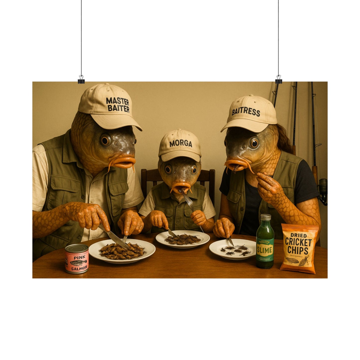Fish- Posters for Home Decor,  Wall Art-Fishing Gifts,  Fish Head Family Dinner Poster - Weird Humor Art Print - Surreal Fishing Humor
